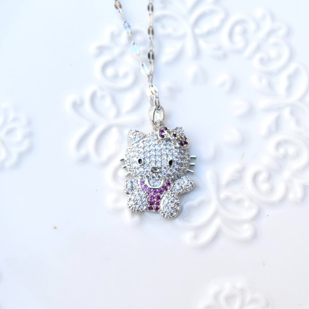 Crystal Kitty Cat Charm Silver Necklace - Sweet Style